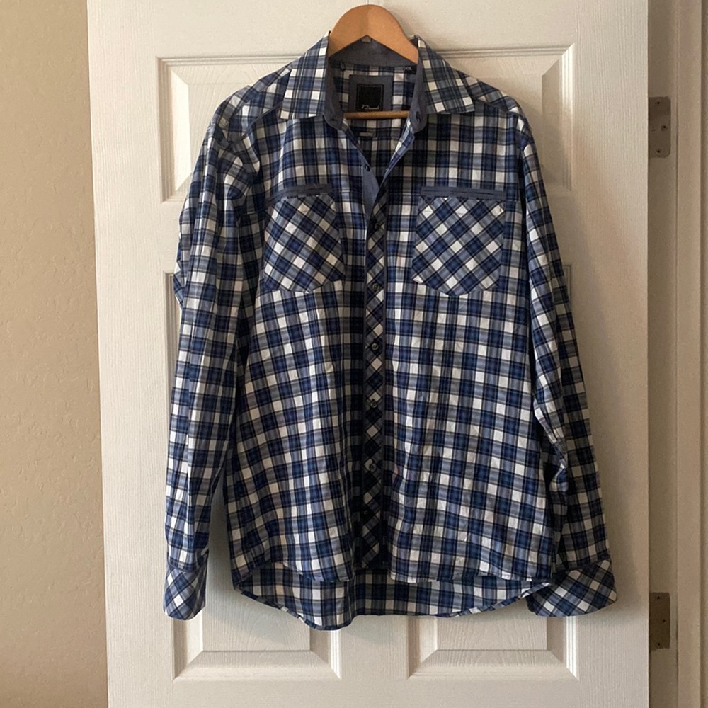 7 Diamonds Blue Plaid Long Sleeve Button Down Sz XXL